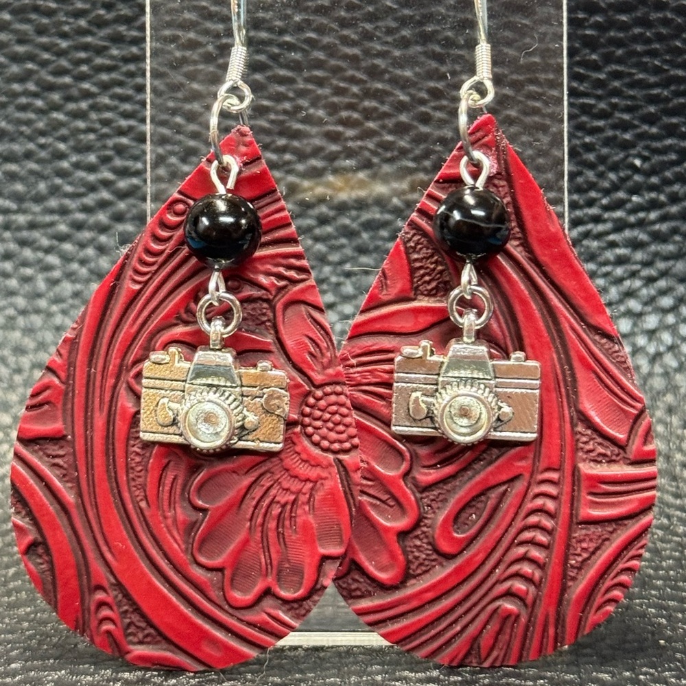 Red Embossed Faux Leather Teardrop Earrings with Camera Charms